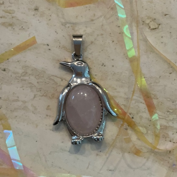 Penguin Charm Pink Quartz Pendant For Necklace Silver Tone - Picture 8 of 8